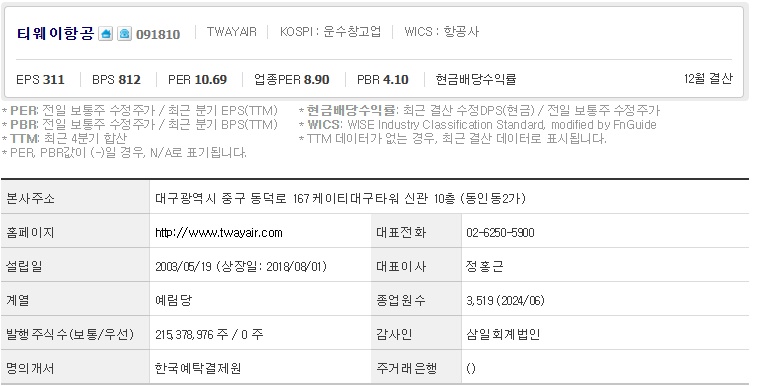 티웨이항공 주가 기업개요 (1027)