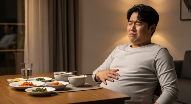 복부를 눌러보는 남성