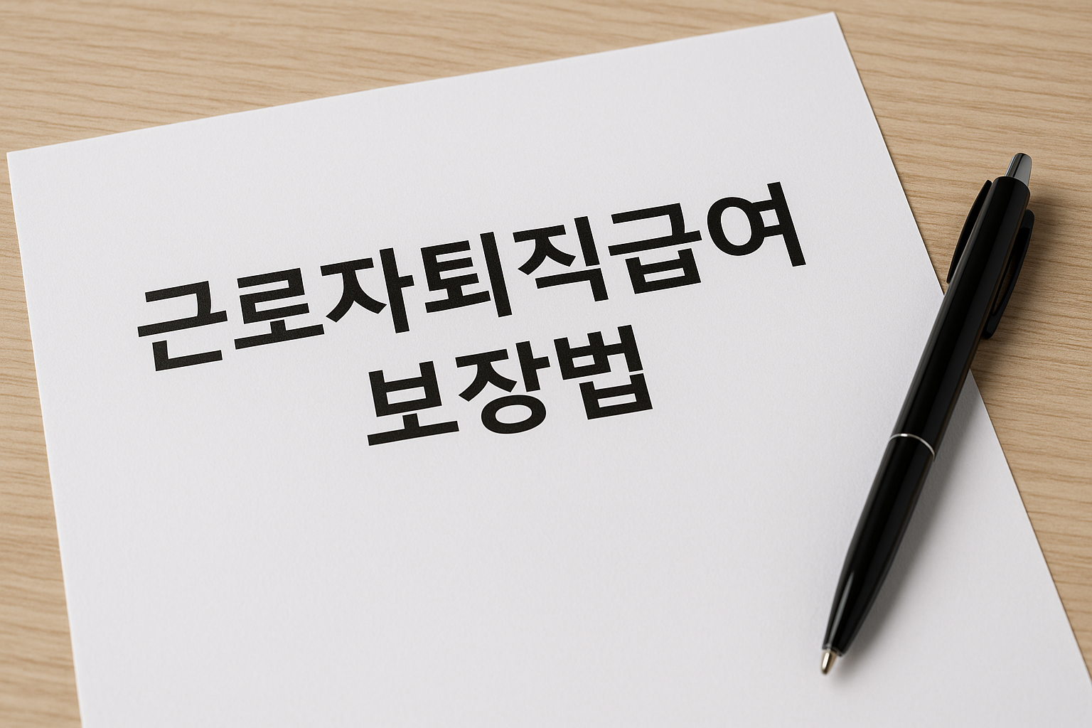 근로자퇴직급여 보장법 서류와 검은색 펜이 책상 위에 놓인 모습