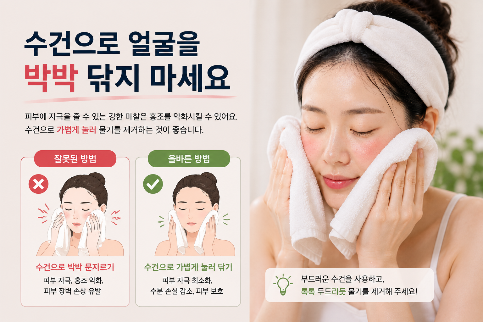 수건으로 얼굴을 박박 닦지 마세요