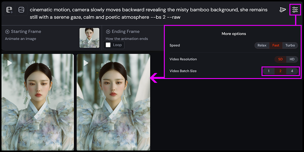 --bs 옵션을 통해 여러 영상을 동시에 생성할 수 있는 Batch Size 설정 UI_Midjourney