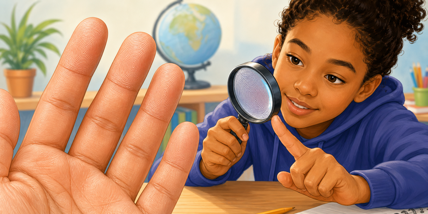 Educational illustration of a student examining fingerprint lines on a hand