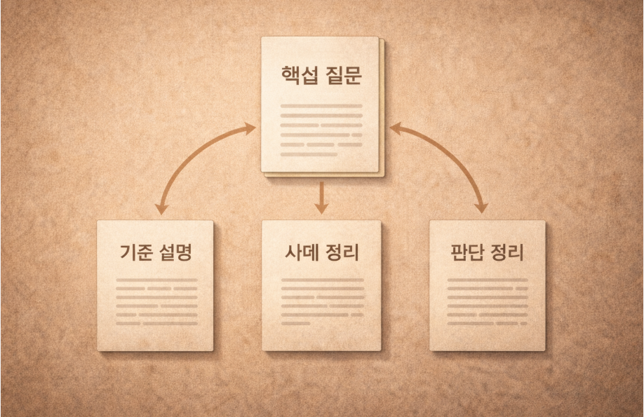 질문을 중심으로 여러 글이 연결되는 시리즈 콘텐츠 구조 이미지