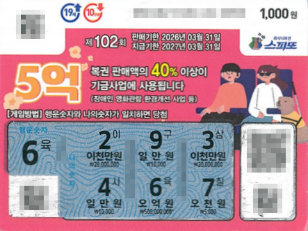 스피또1000 102회 1등 당첨복권