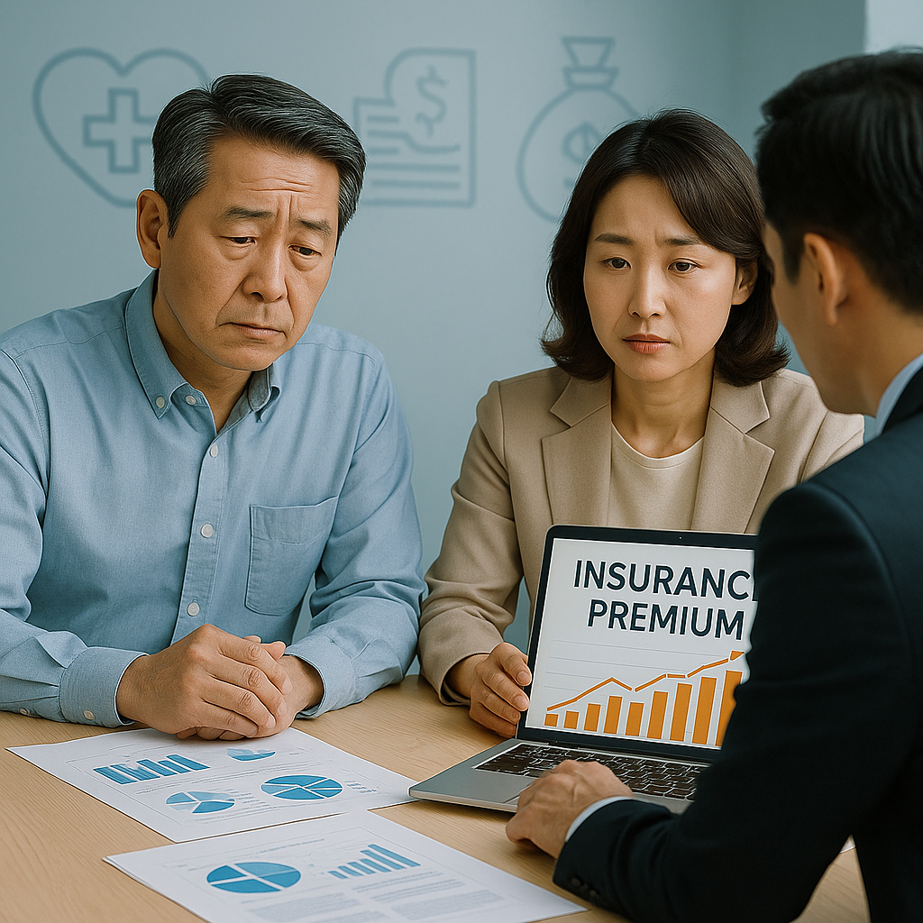 2025년 건강보험 피부양자 상실 후 지역가입자 전환과 건강보험료 절감 전략에 대해 재무상담을 받는 한국인 중장년 부부
