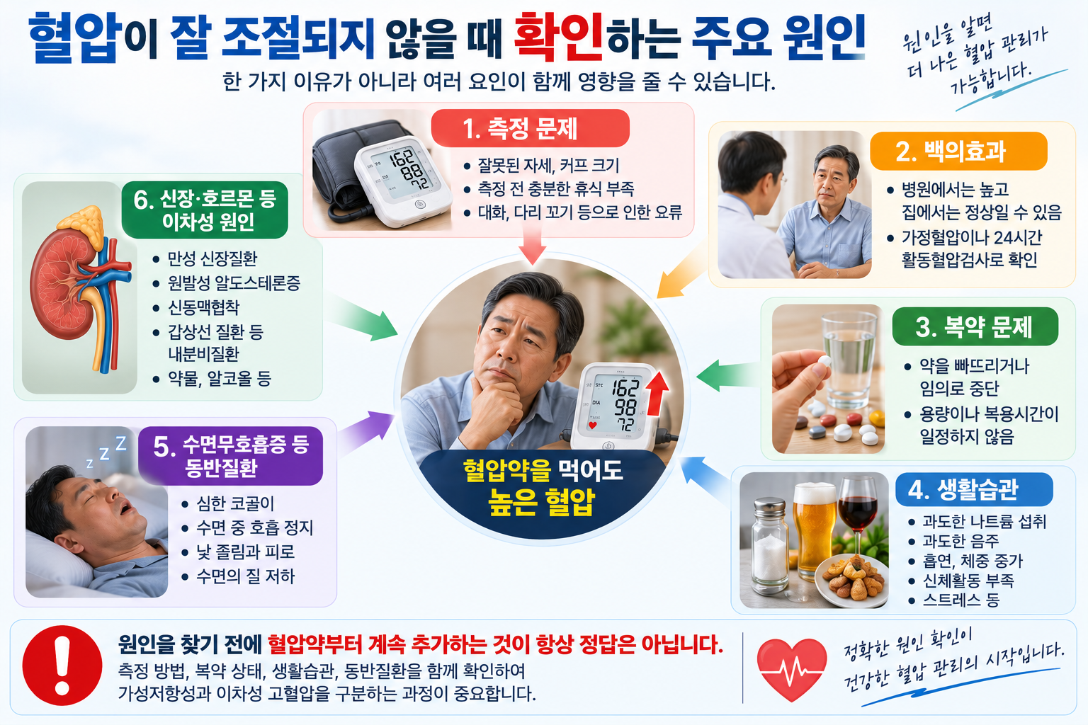 혈압 조절이 어려운 원인과 수면무호흡증·이차성 고혈압 평가를 설명한 그림