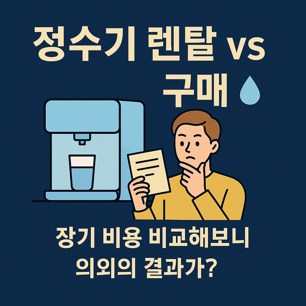 정수기 렌탈과 정수기 구매를 고민하는 사람을 나타내는 인포그래픽 이미지