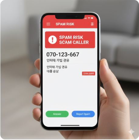 T전화 또는 후후 앱에서 스팸 전화번호를 식별하여 표시해 주는 화면
