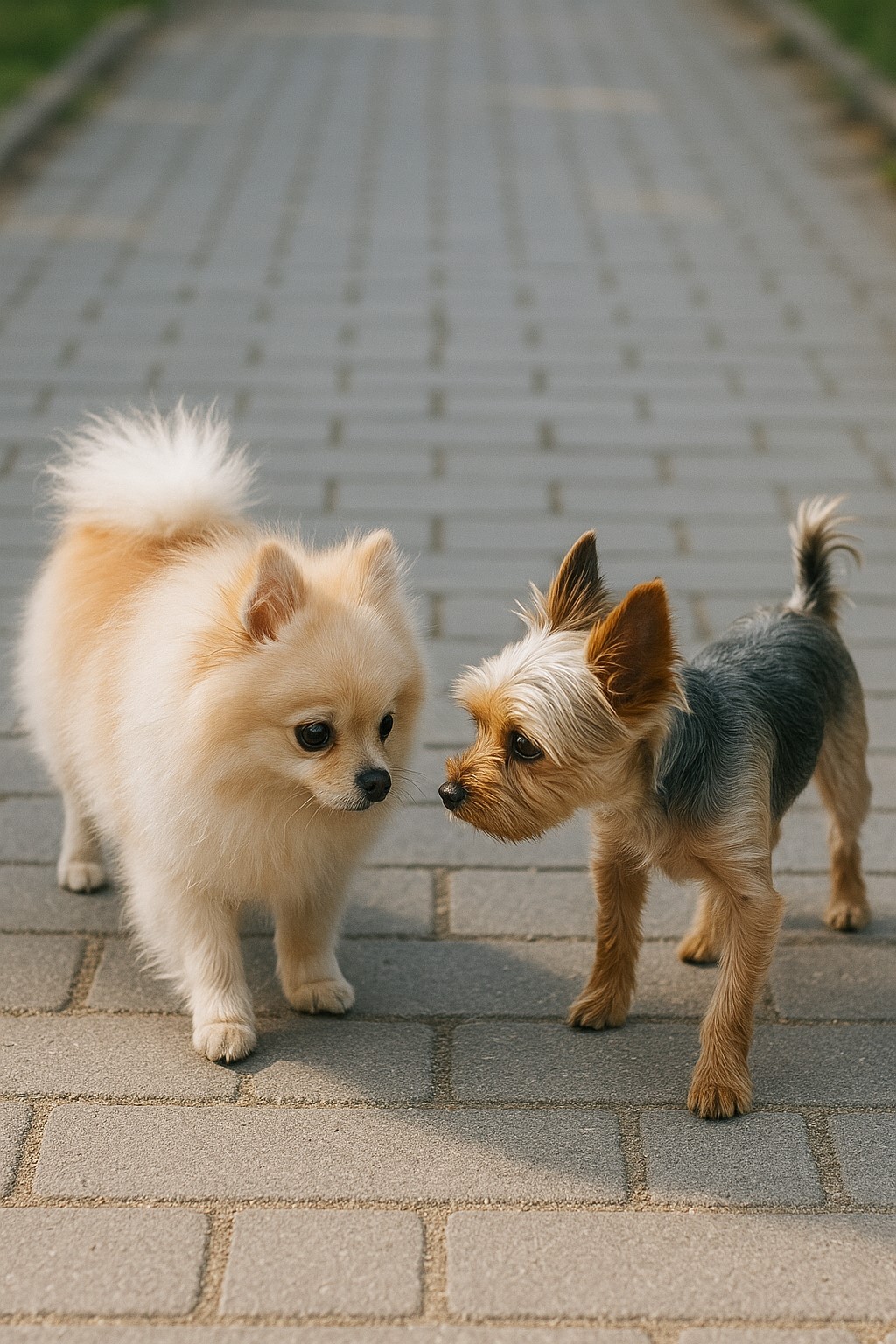 2마리의 강아지가 길에서 마주쳤을 때 조심스럽게 다가가는 모습