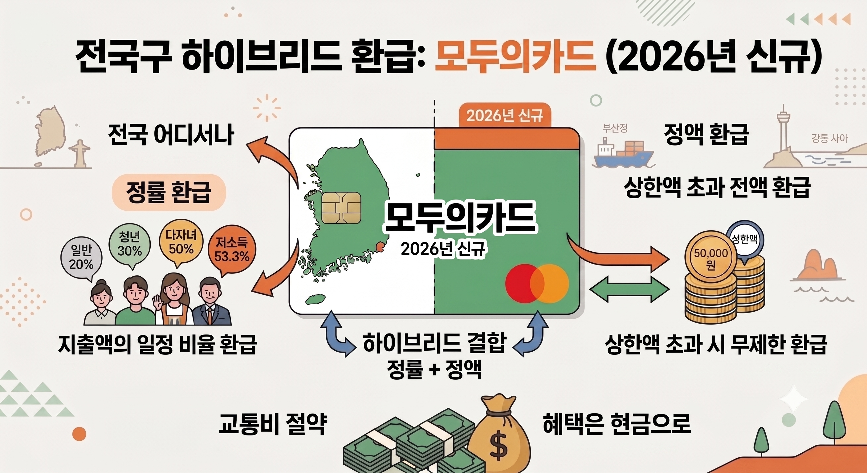전국구 하이브리드 환급 서비스 '모두의카드'를 소개하는 인포그래픽으로, 정률 환급과 정액 환급 방식을 결합했습니다. 다양한 대상에게 지출액 환급 및 상한액 초과 시 전액 환급 혜택을 2026년부터 제공합니다