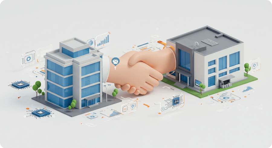 기업과 훈련기관의 협력 구조를 나타내는 3D 일러스트