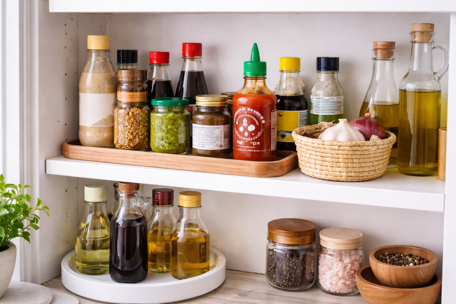 주방 선반에 조미료가 깔끔하게 정리된 모습