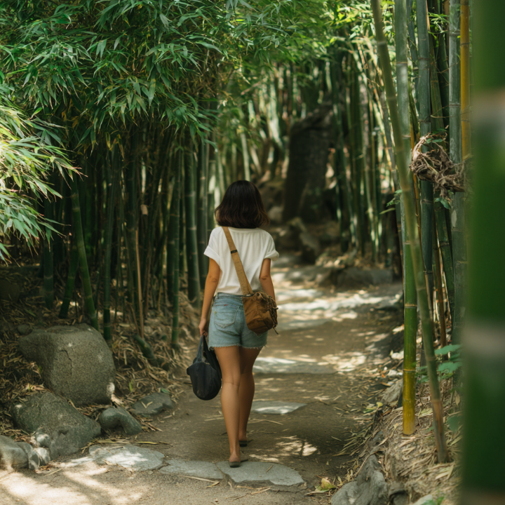 푸른 대나무 숲길을 걷고 있는 젊은 여성