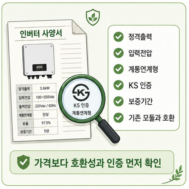 태양광 인버터를 선택할 때 정격출력과 입력전압, 계통연계 방식, KS 인증, 보증기간과 기존 모듈의 호환성을 확인하는 모습을 보여 주는 그림