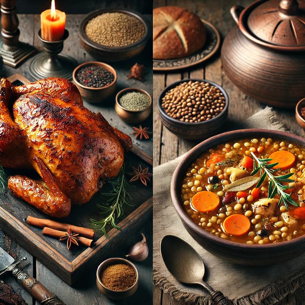 중세 유럽 요리와 현대적 요리의 이미지