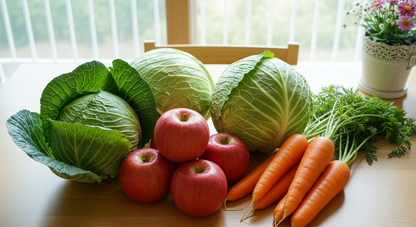 신선한 양배추와 사과&amp;#44; 당근을 식탁 위에 놓은 모습