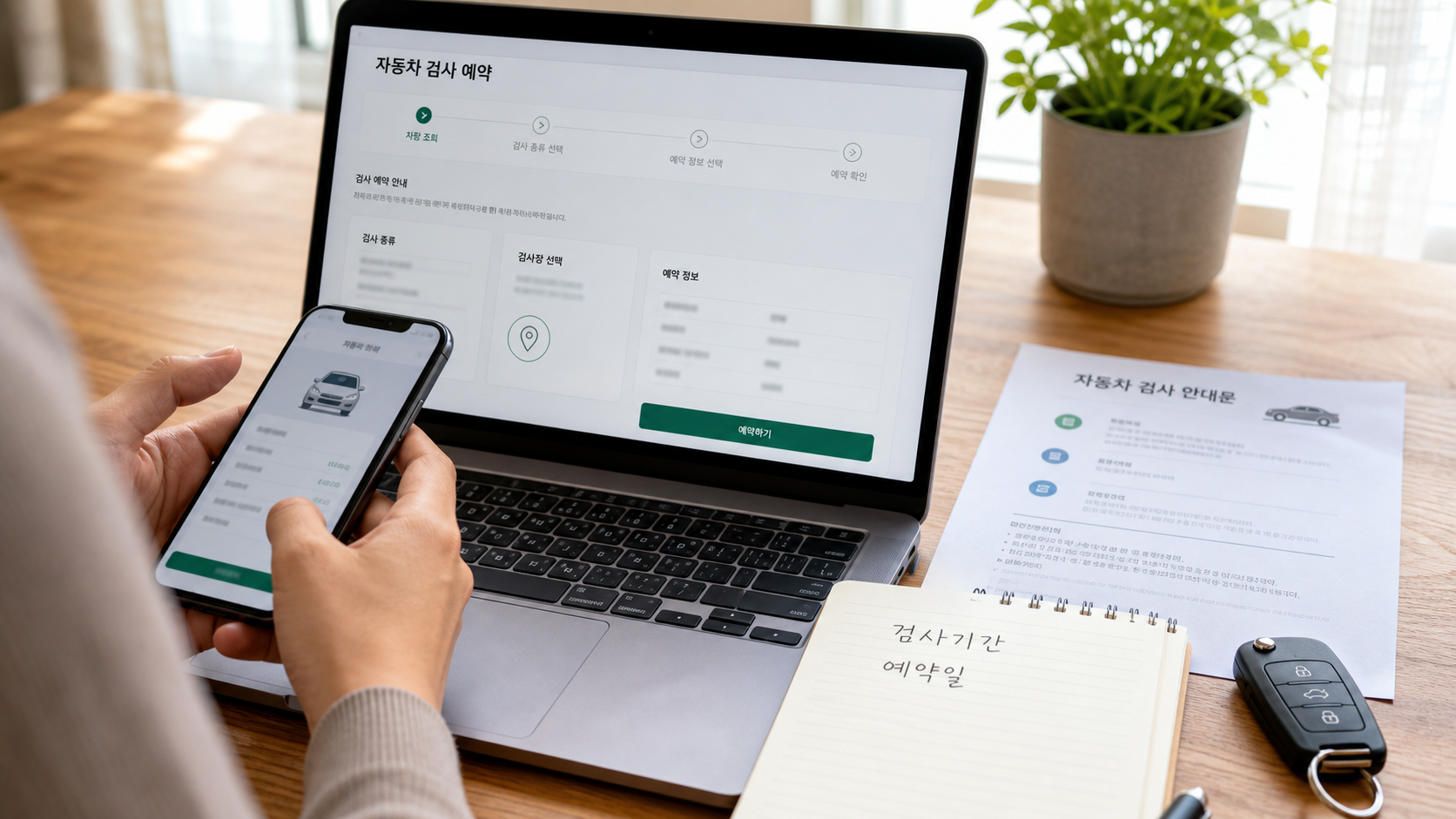 자동차 검사 예약을 위해 차량번호와 검사기간을 스마트폰에서 확인하는 장면