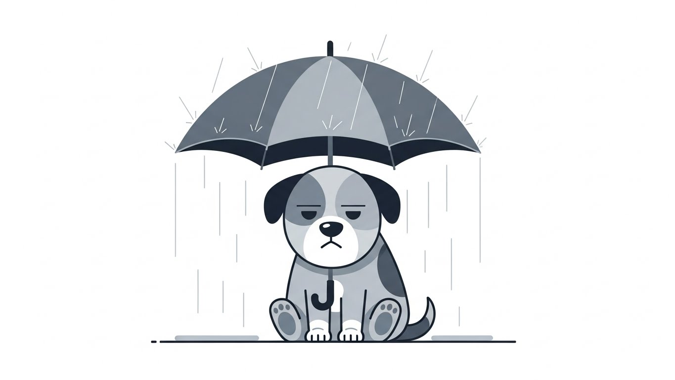 비가 오는 상황에서도 우산을 쓰고 묵묵히 기다리며 인내하는 개 캐릭터 일러스트