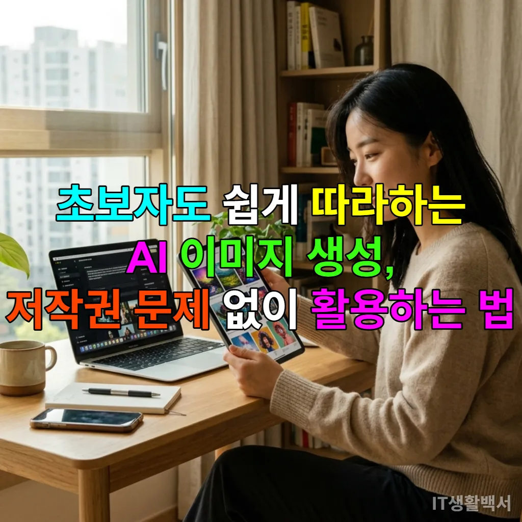 책상에 앉아 태블릿으로 AI 이미지를 확인하는 한국 여성