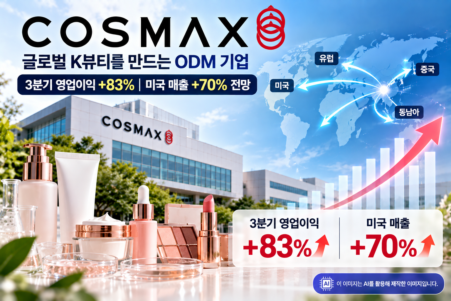 코스맥스 K뷰티 ODM 글로벌 성장과 3분기 영업이익 83% 증가, 미국 매출 70% 성장 전망