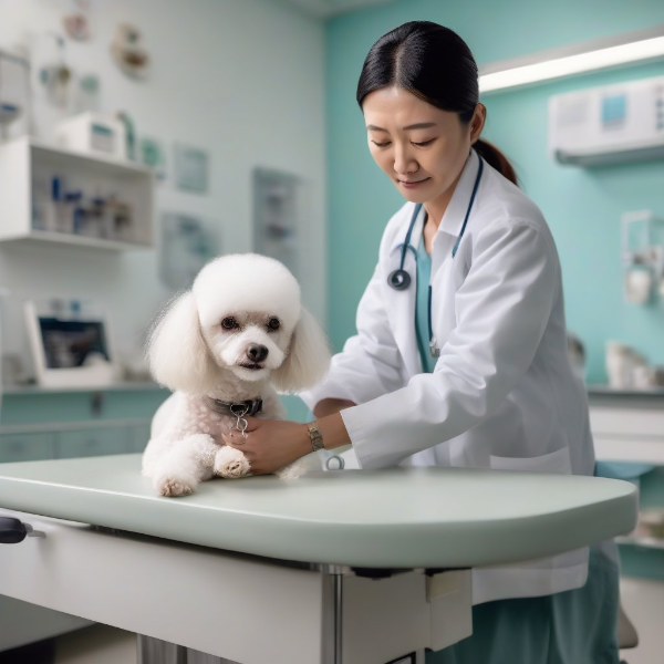 3. 동물병원 진료실에서 진료를 받는 흰색 푸들과 보호자인 한국인 여성, 수의사가 치료법을 설명하는 모습