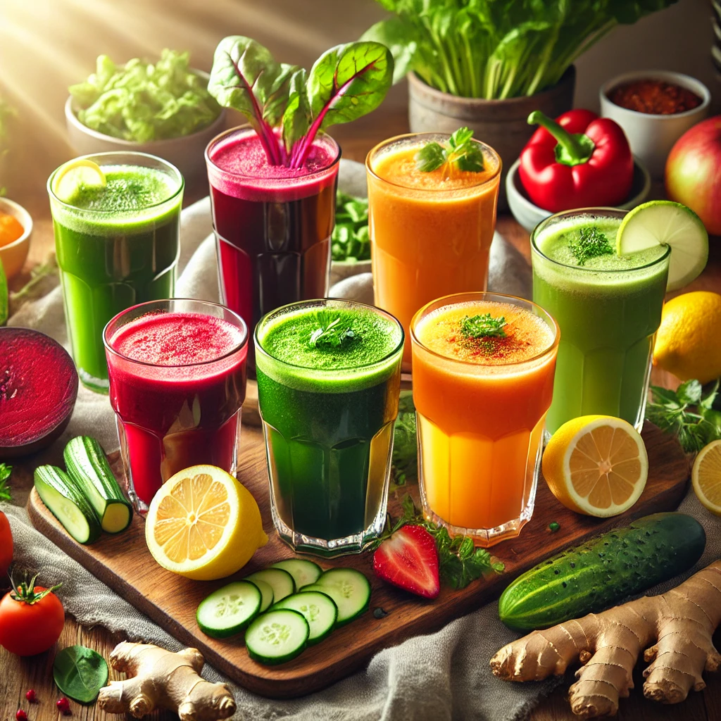 "아침 건강을 위한 5가지 주스: 녹색 디톡스 주스, 항산화 비트 주스, 레몬 생강 꿀차 주스, 비타민C 파인애플 주스, 수분 보충 셀러리 주스와 신선한 재료들이 테이블 위에 놓인 모습"