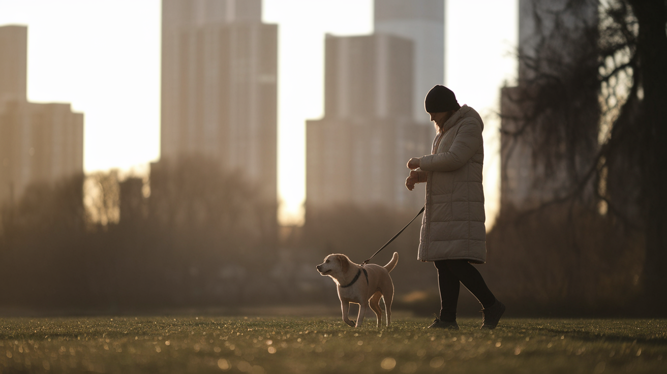 person walking dog in park, checking watch
