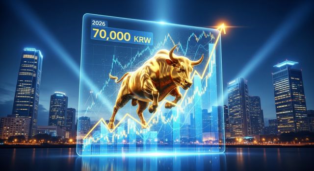 2026년 미래에셋증권 주가 7만원 돌파를 상징하는 황소와 금융 차트 이미지