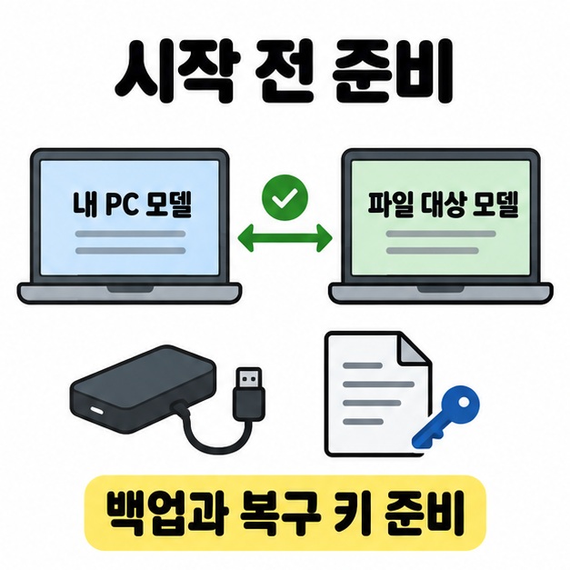 내 PC 모델과 파일 대상 모델을 대조하고 백업 드라이브와 복구 키 문서를 준비하도록 안내한 그림