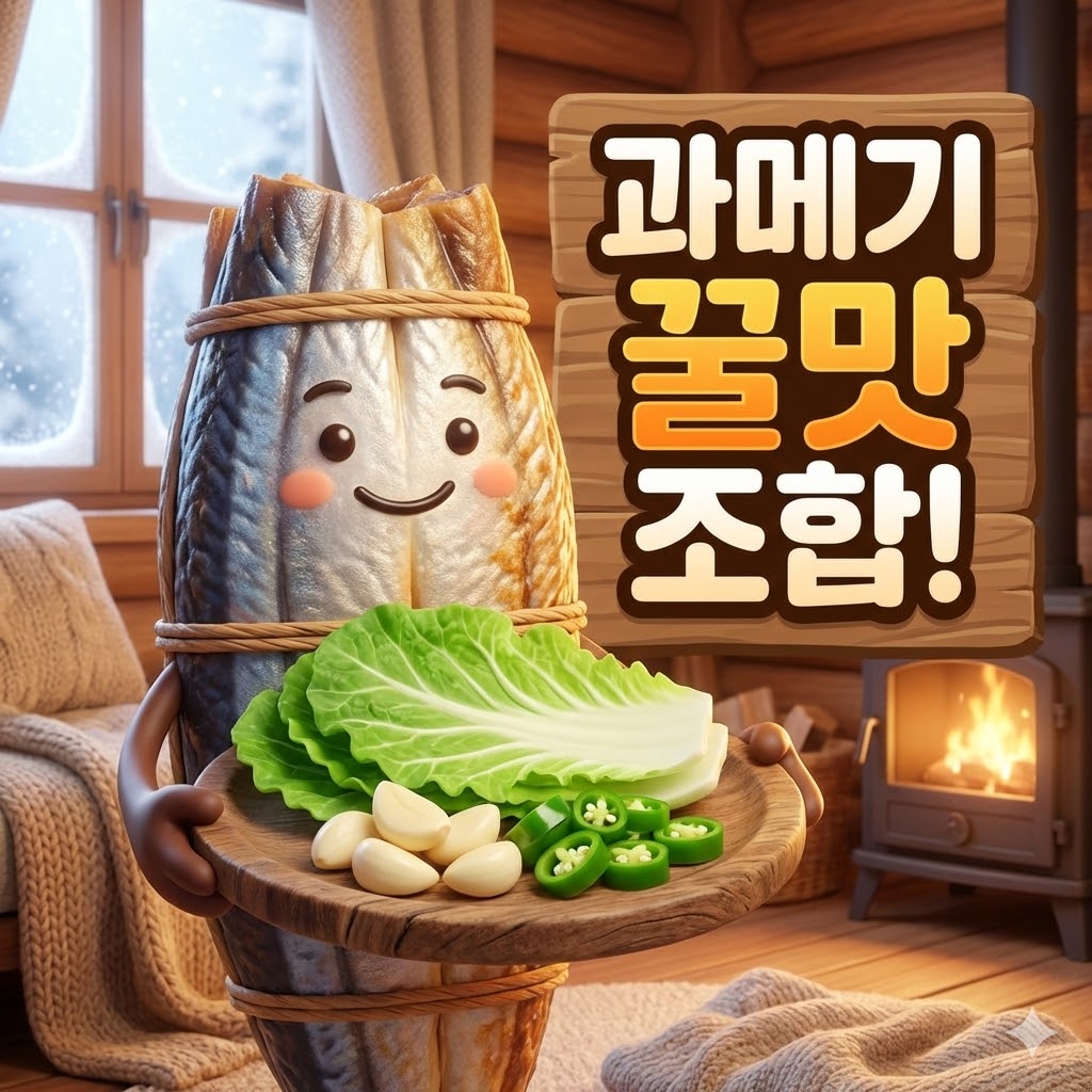 겨울철 별미 과메기를 맛있게 즐기기 위한 신선한 채소 쌈과 소스 조합 이미지.