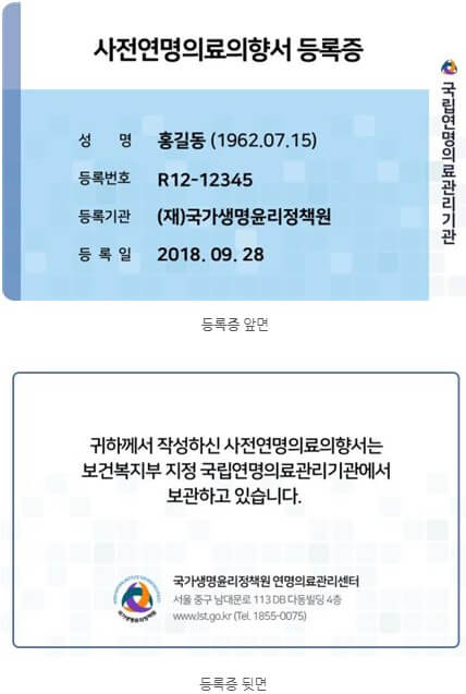 사전연명의료의향서-등록증-앞뒤