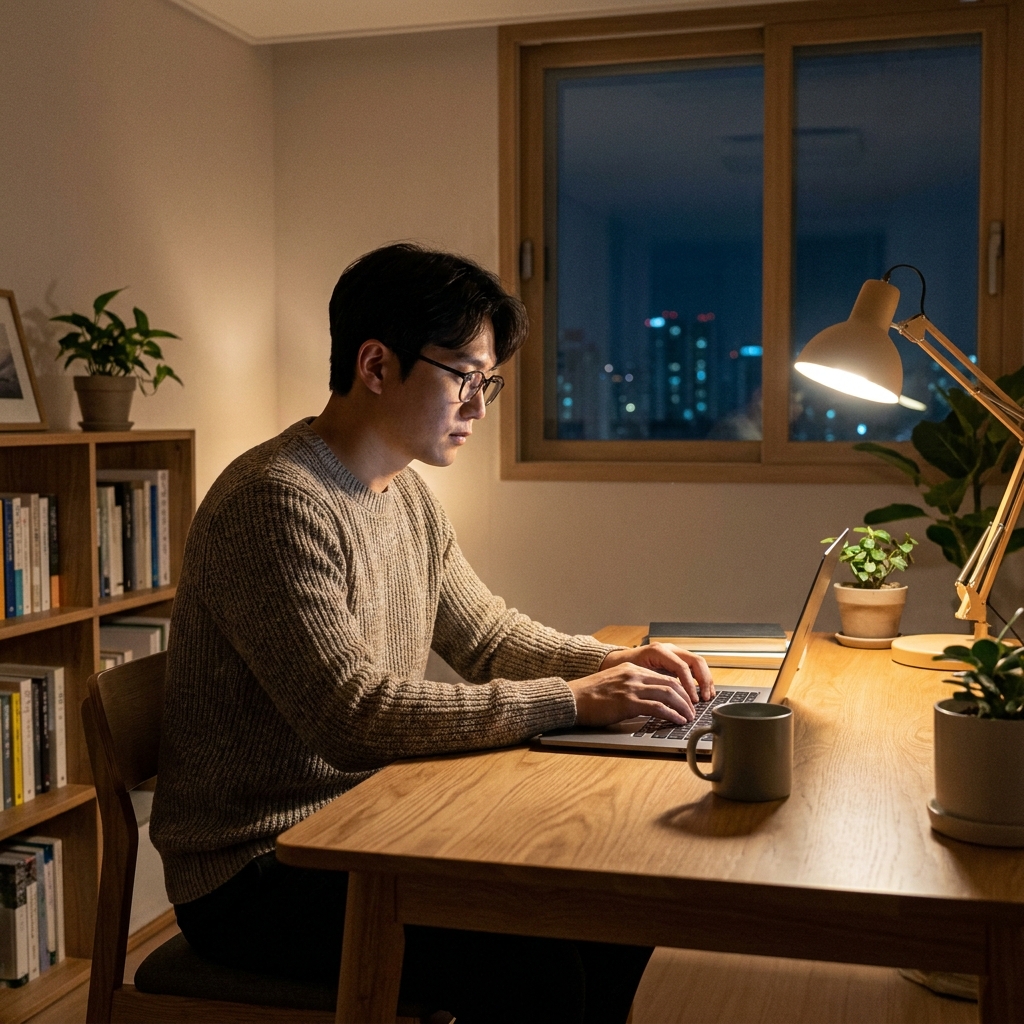 고요한 밤, 미니멀하고 정돈된 서재에서 따뜻한 스탠드 조명을 받으며 집중해서 독서와 업무에 몰두하고 있는 한국인 남성의 모습. 책상 위에는 노트북과 잘 정리된 메모 노트, 그리고 후지모토 겐고의 수면법 책이 놓여 있음. 전체적으로 차분하고 생산적인 에너지가 느껴지는 시네마틱 8k 해상도 사진.