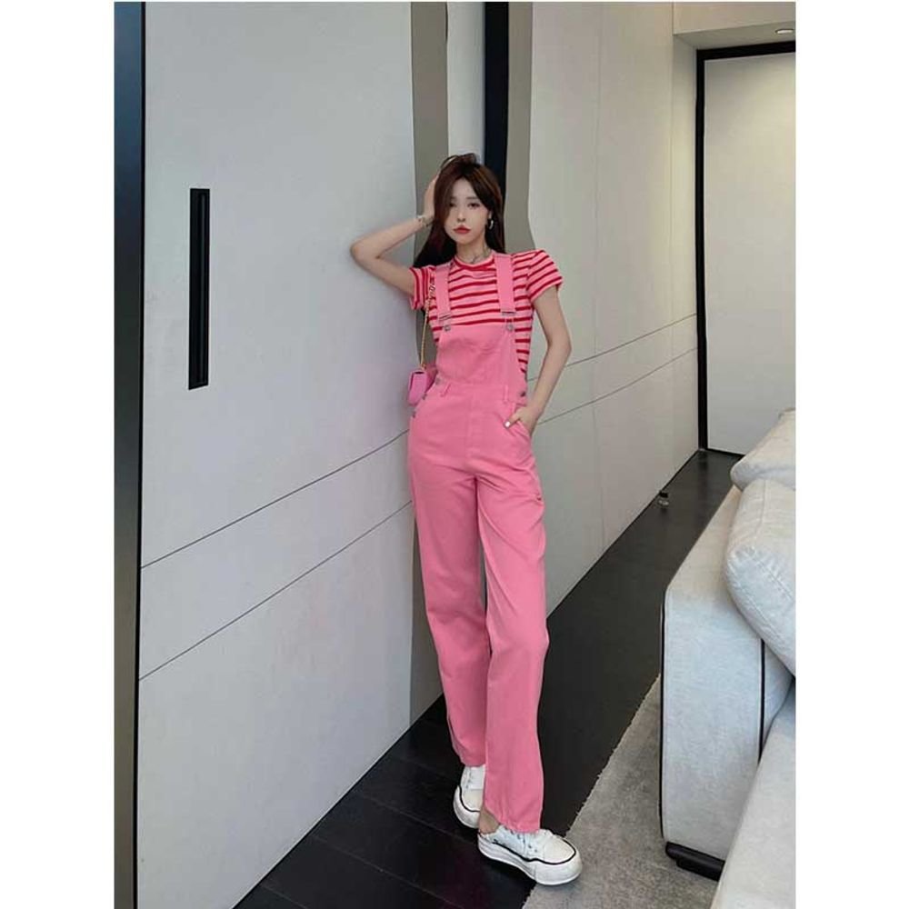 핑크 데님 멜빵바지 바지 여름 디자인 원피스 여자