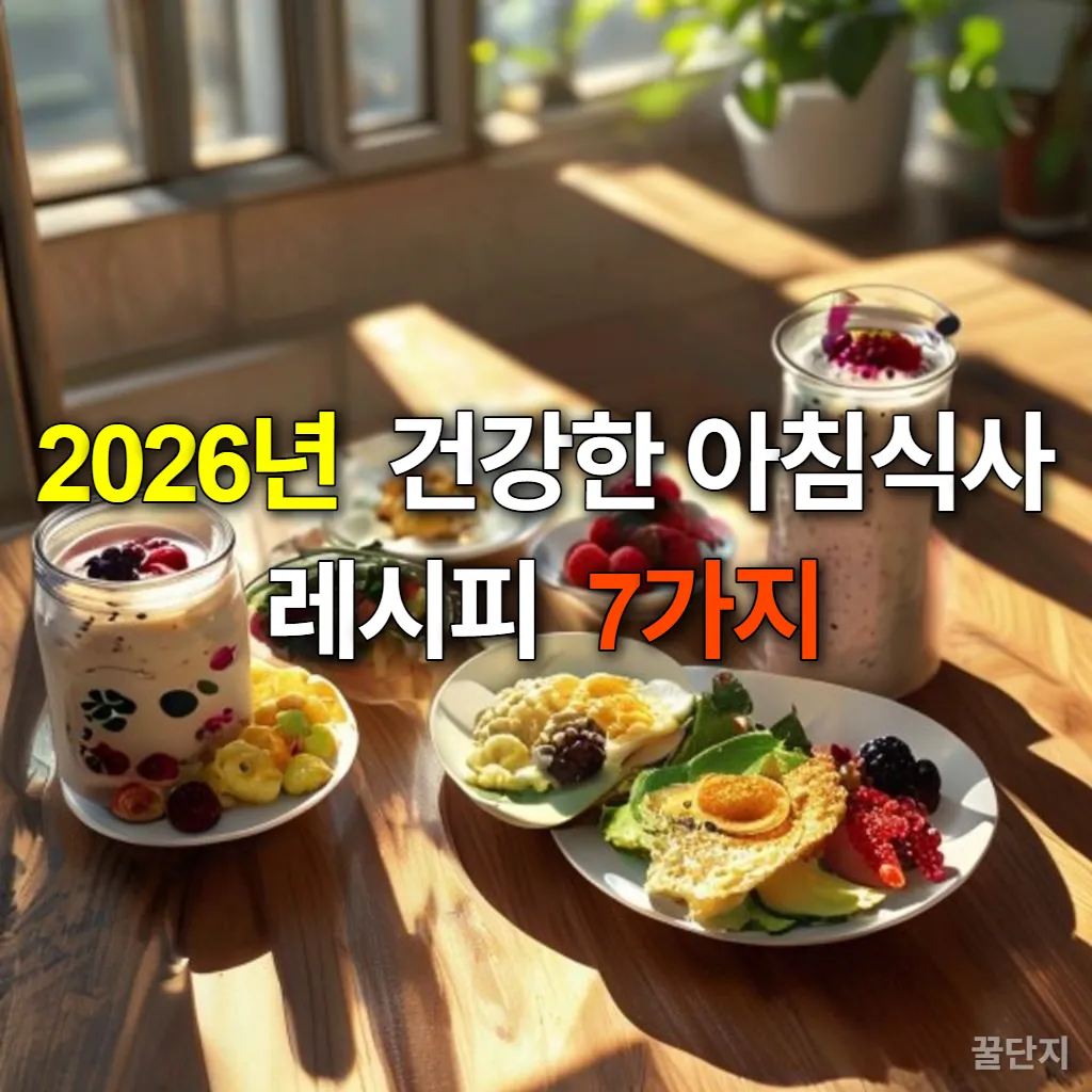 다양한 건강한 아침식사 메뉴가 놓인 식탁. 오버나이트 오트밀, 스크램블 에그와 아보카도 토스트, 베리 요거트 스무디 볼이 먹음직스럽게 담겨 있다.