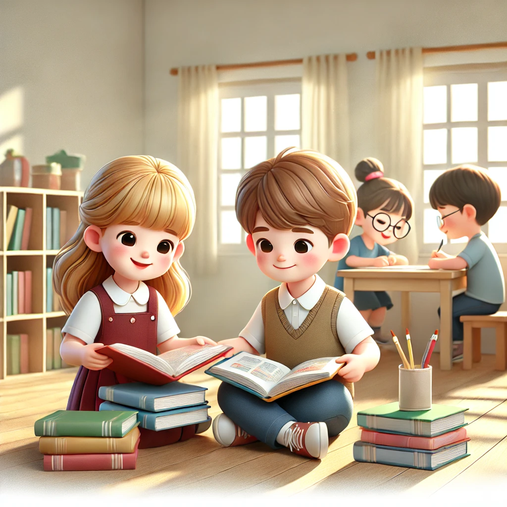 학교 도서관에서 책을 읽고 있는 아이들