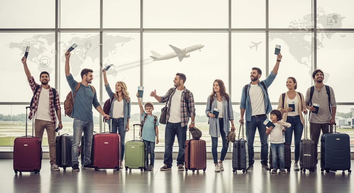 2025년 해외여행을 떠나는 다양한 연령대의 행복한 여행자들이 여권을 들고 공항에서 설레는 모습, 안전한 여행을 상징.