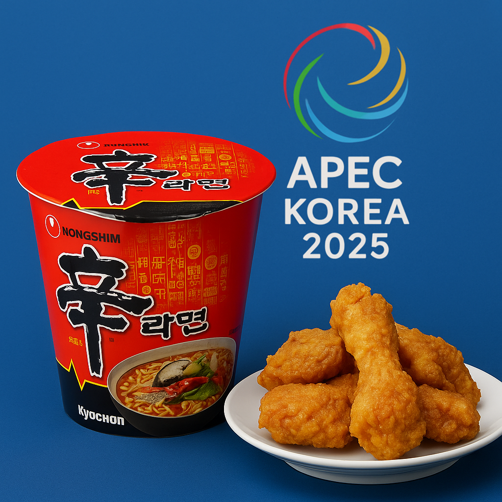 “2025 경주 APEC 정상회의에서 제공되는 농심 컵라면과 교촌치킨, K-푸드 협찬 장면 이미지”