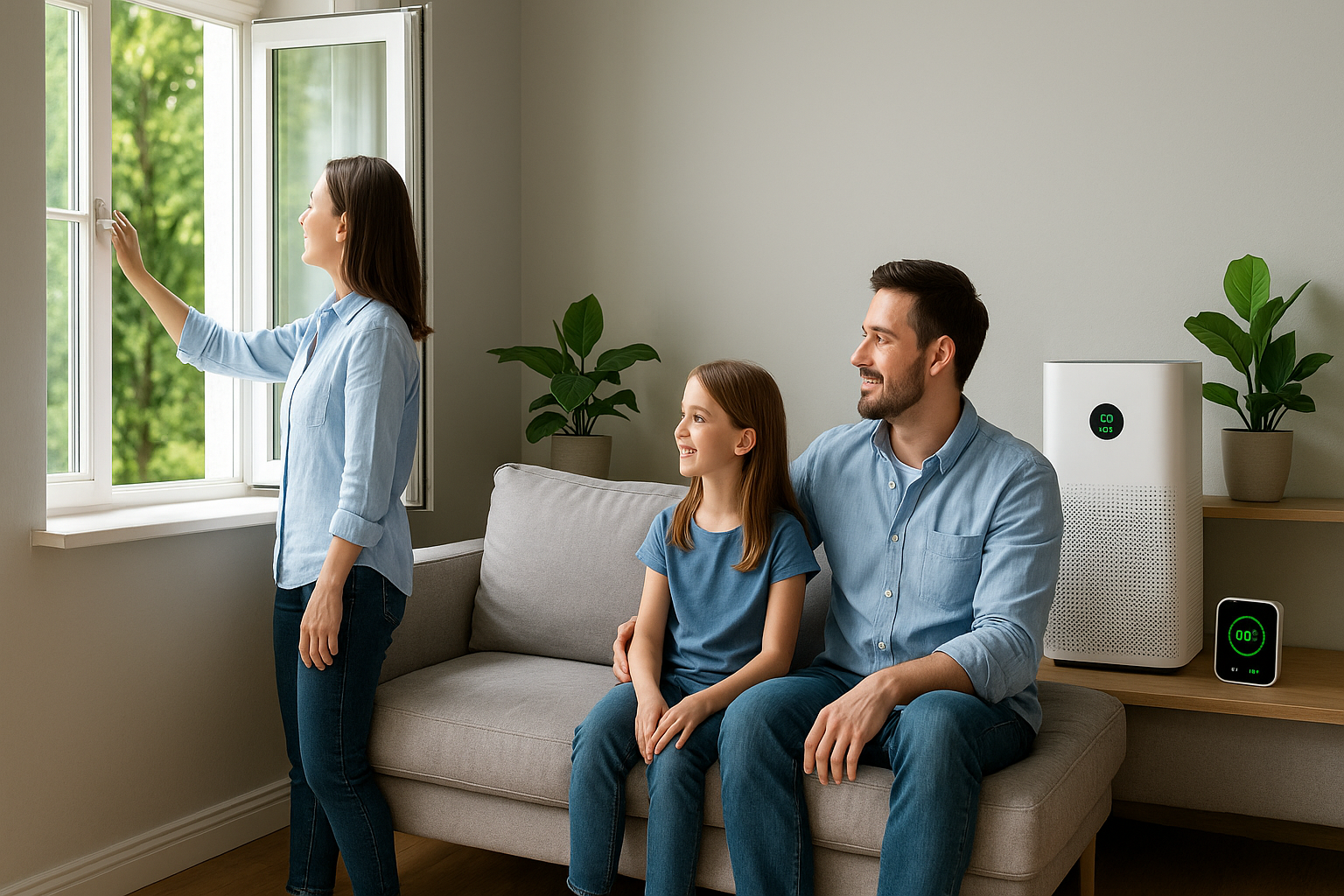 가족이 함께 있는 거실에서 창문을 열어 환기하고 공기청정기를 사용하는 모습