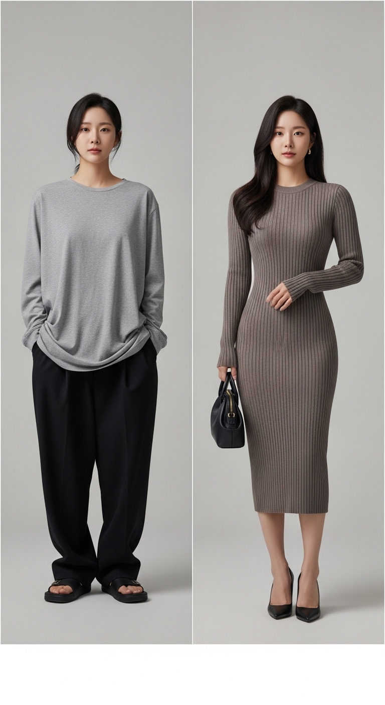 자신의 몸에 완벽하게 맞는 옷을 입은 전후 비교 컨셉