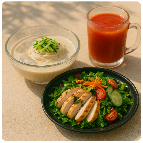 닭가슴살, 콩국수, 토마토주스 사진