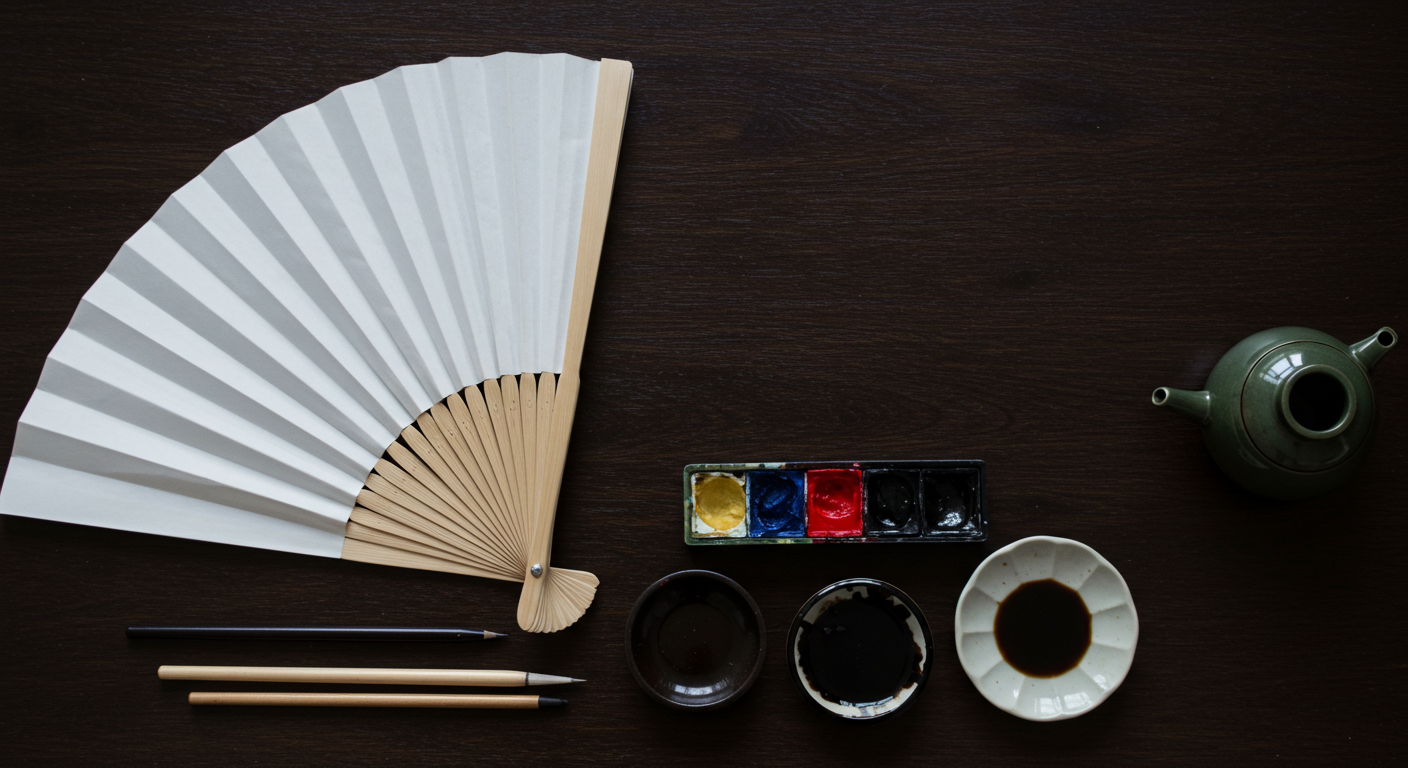 하얀 부채와 그림 도구