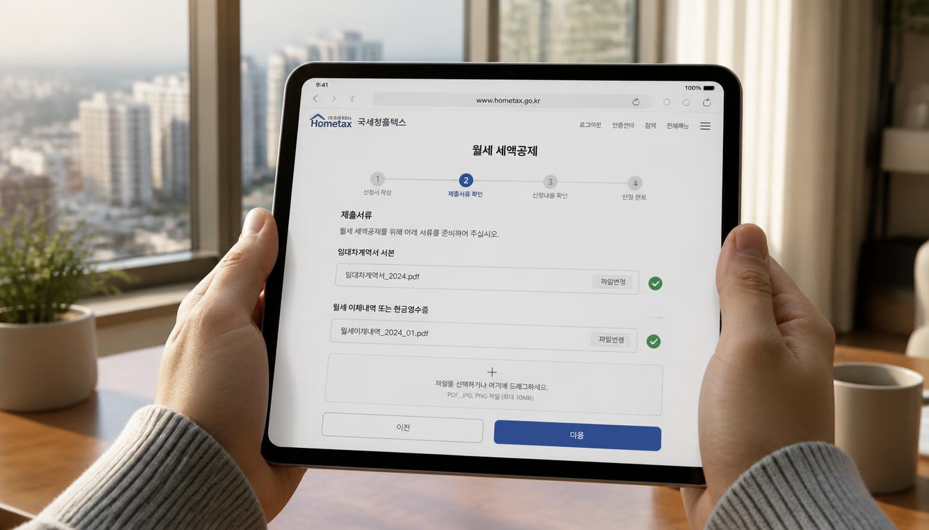 아늑한 스튜디오 거실 창가에서 태블릿으로 국세청 홈택스 연말정산 간소화 서비스의 월세 세액공제 증빙 서류를 업로드하는 1인칭 시점의 손 클로즈업 컷.