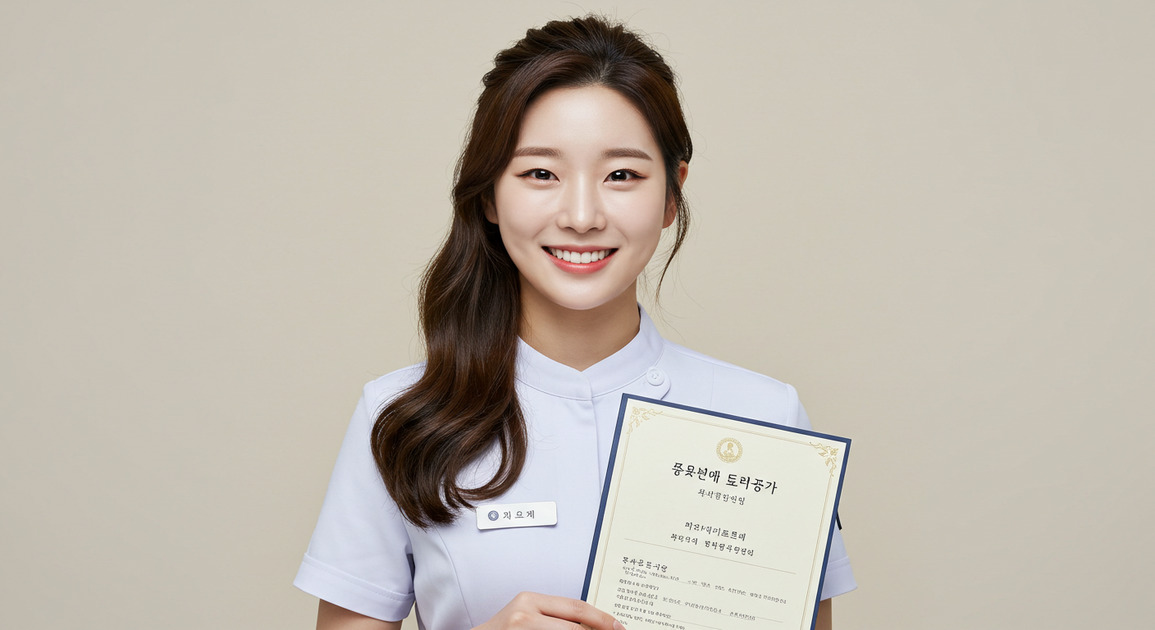 요양보호사 준비생이 합격자격증 들고있는 이미지