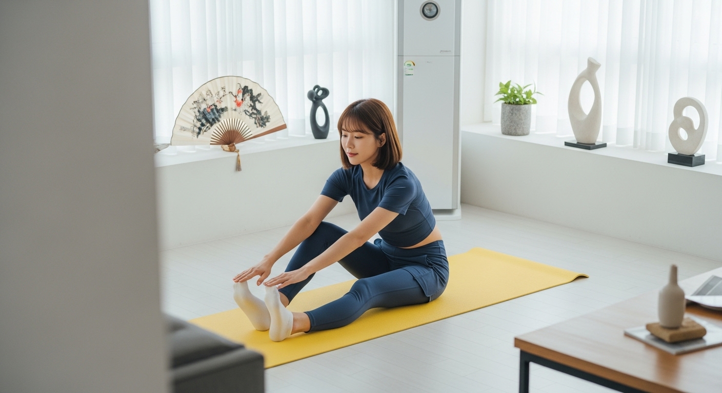요가 매트 위에서 차분하게 스트레칭하며 층간소음 없는 홈트레이닝을 시작하는 여성