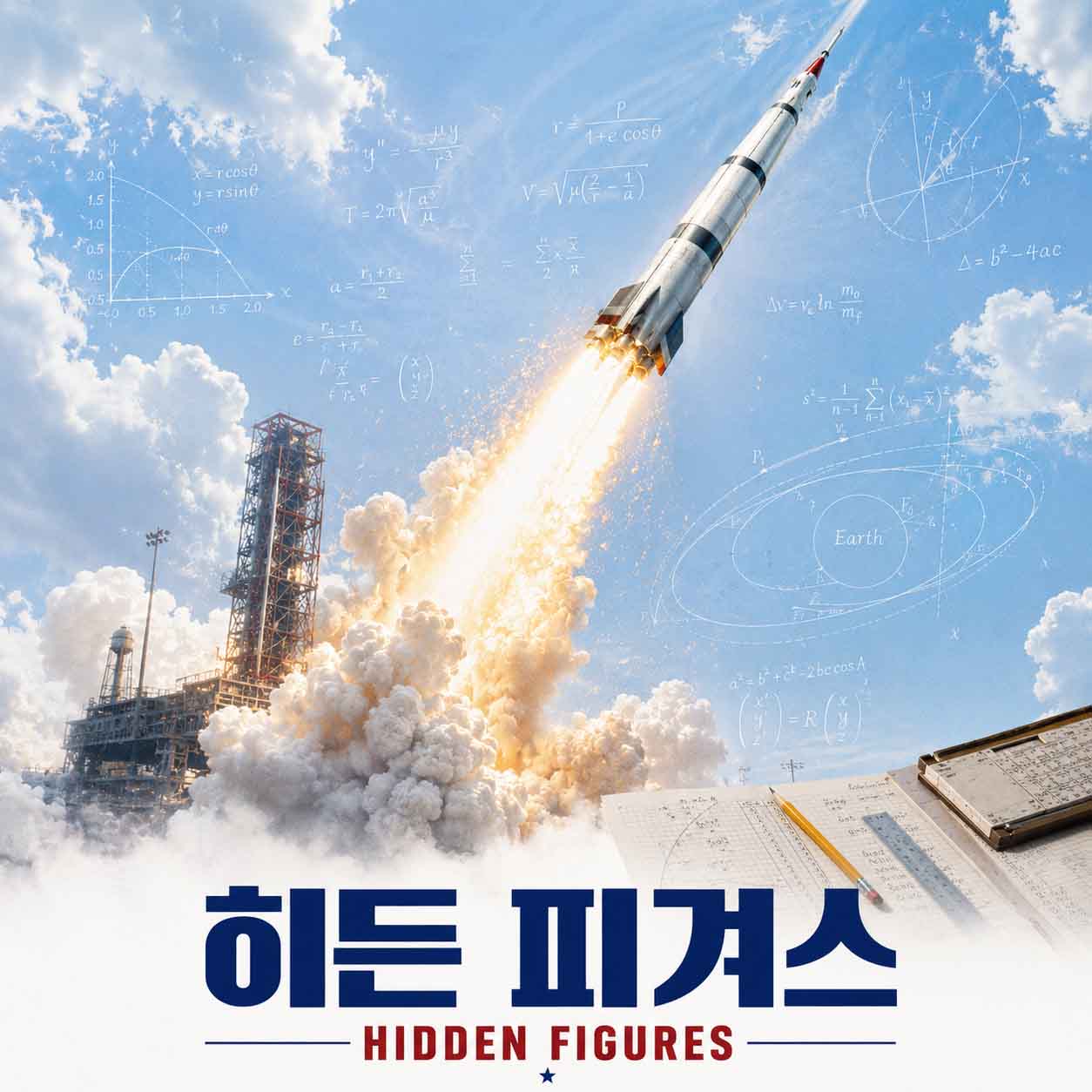 영화 히든 피겨스를 표현한 푸른 하늘로 발사되는 로켓과 수학 공식, 계산 노트 이미지