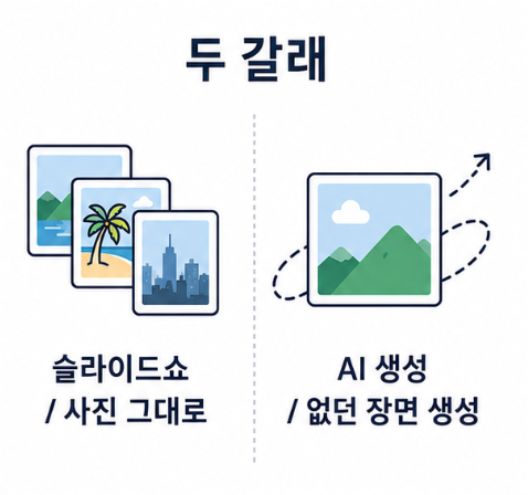 사진 영상 제작 방식 두 갈래 비교, 사진을 그대로 잇는 슬라이드쇼와 없던 장면을 만들어 내는 AI 생성을 나눈 도표