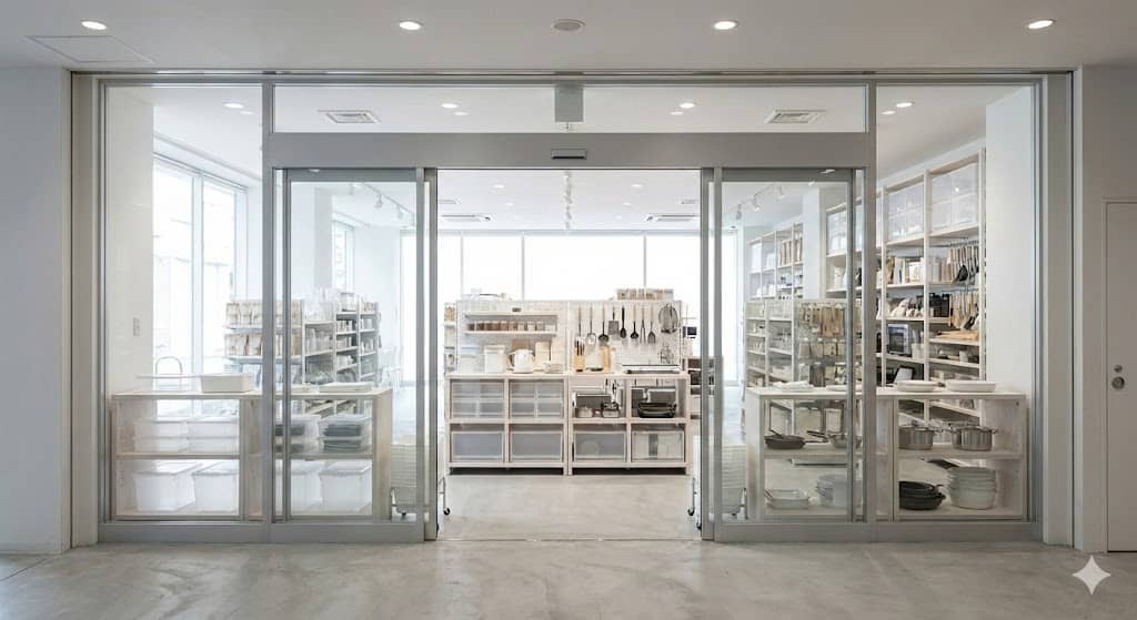 파일명: daiso_store_entrance_2026.jpg Alt 태그: 2026년 잡화 매장 입구 전경, 1000원 2000원 균일가 생활용품 진열 설명: 현대적인 매장 외관과 입구 쇼핑객 모습