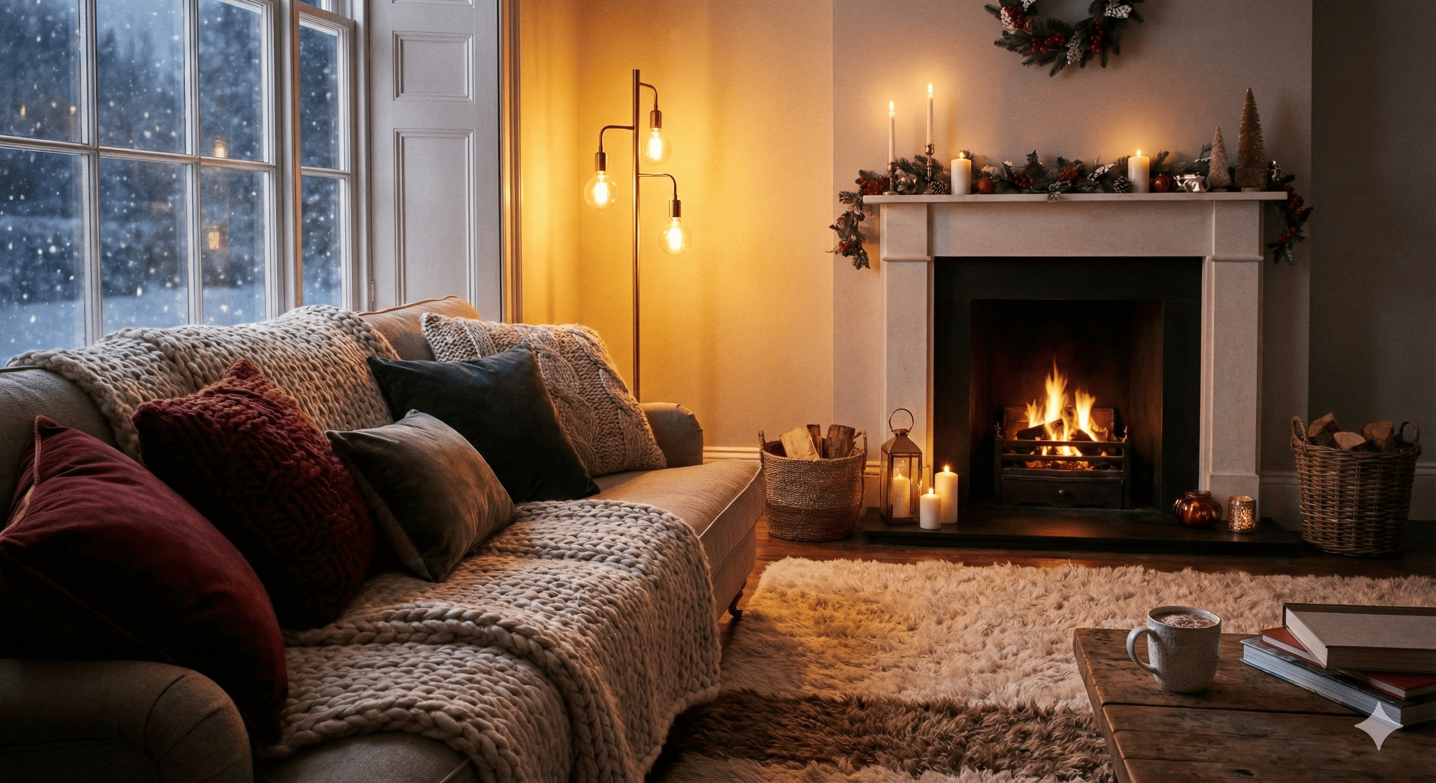 cozy winter living room interior with warm lighting and cushions