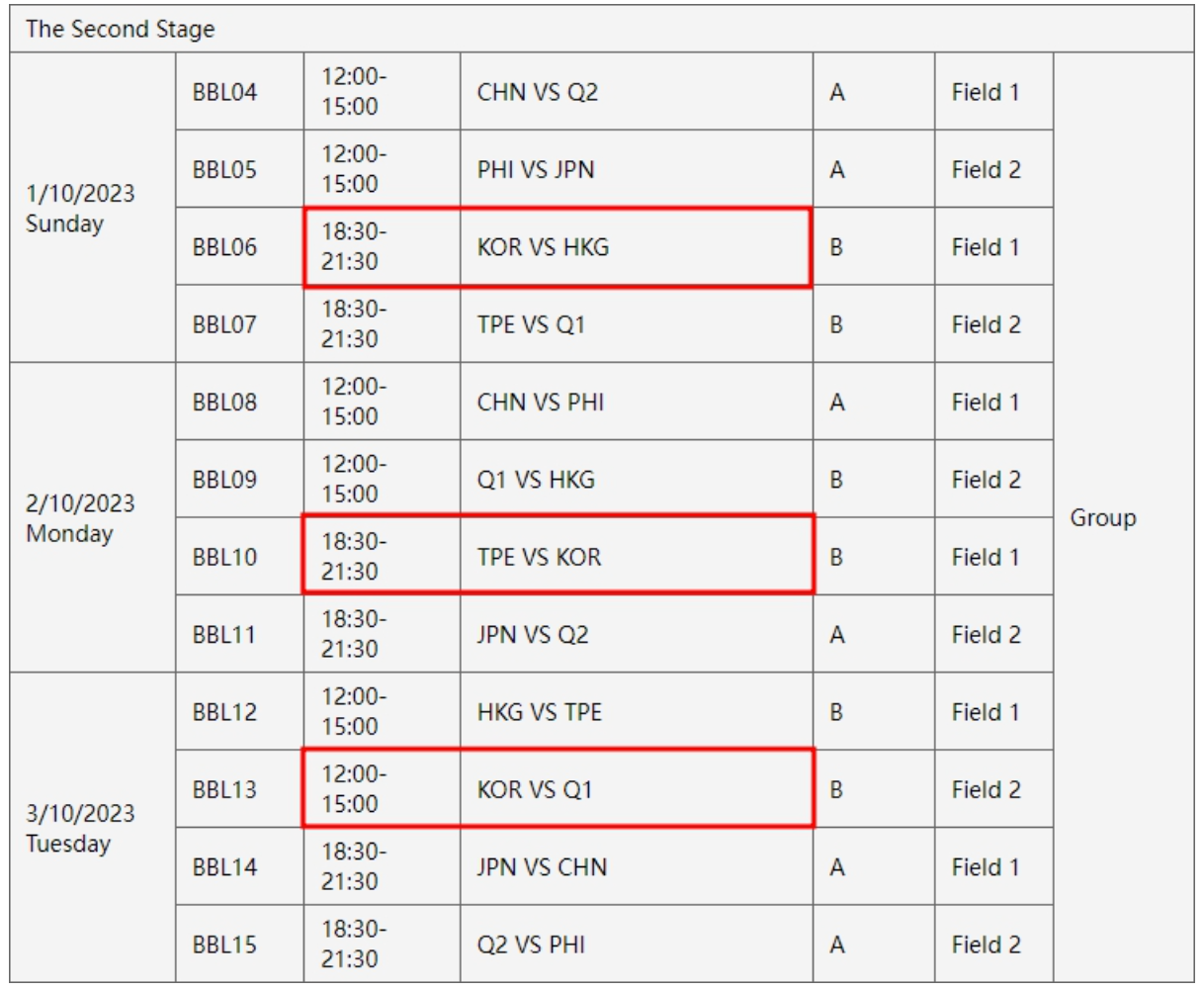 항저우 아시안게임 야구 대표팀 일정