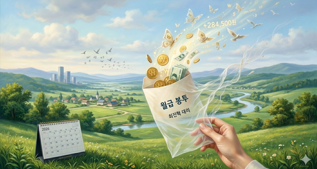 평화로운 풍경 속에 월급 봉투가 가벼워지는 것을 묘사한 초현실주의 그림